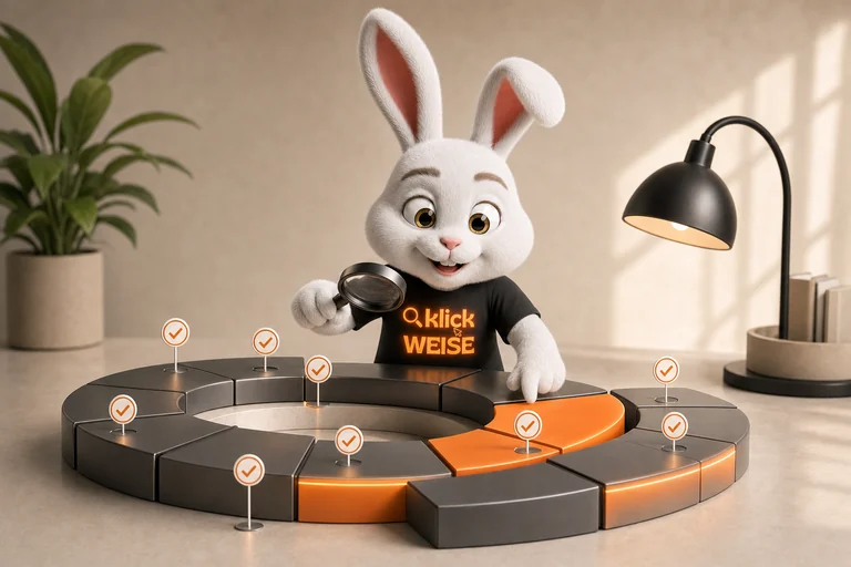 Klickweise-Maskottchen visualisiert Zitationsquote in einer eigenständigen Mess- und Analyseszene.